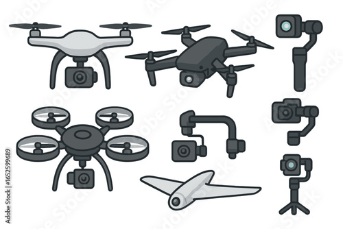 Various Drone Designs and Camera Stabilization Equipment in Flat Vector Illustrations, Cartoon Style, Transparent Background, Ordered Set of Quadcopter, Camera Gimbals, and Aerial Technology