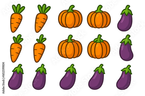 Set of cute cartoon vegetable icons. Carrot, pumpkin, eggplant collection. Vector illustration for healthy food, farm market, or autumn harvest design. Isolated graphic elements.