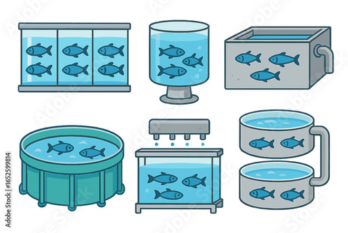 Various Fish Holding Tanks and Aquaculture Systems in Different Designs and Shapes, Vector Cartoon Illustrations of Fish Farms and Aquatic Habitats on Transparent Background, Set 4