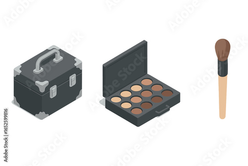 Professional makeup artist tools icon set. Isometric vector illustration of a makeup kit case, foundation palette, and cosmetic brush. Beauty and visagist concept.
