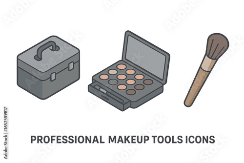 Isometric makeup artist tools icon set. Professional beauty cosmetics kit with case, eyeshadow palette, and brush. Vector flat design glamour icons for visagist or salon.