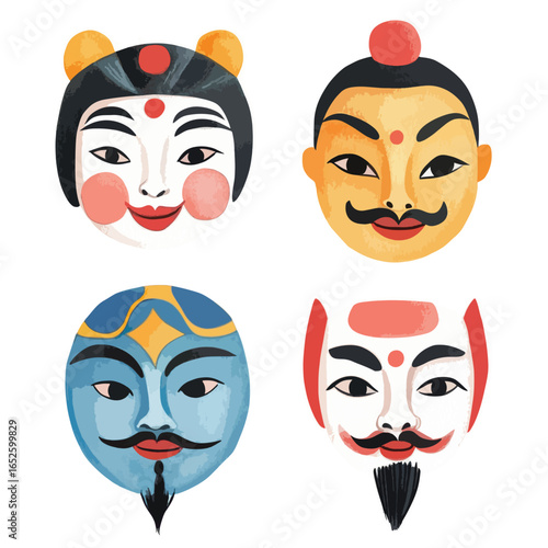 Four Colorful AsianInspired Masks with Unique Facial Features