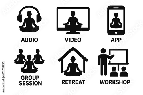 Guided meditation icon set. Formats for mindfulness and relaxation practice. Audio, video, mobile app, group session, retreat, workshop vector solid pictograms.