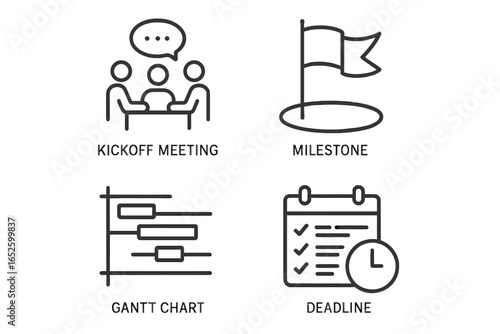 Project management linear icon set. Vector symbols for business workflow and planning. Includes kickoff meeting, milestone, Gantt chart, and deadline for project timeline.