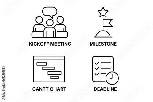 Project management icons set. Outline symbols for business planning process. Kickoff meeting, milestone, Gantt chart, task list, deadline. Vector timeline elements isolated.