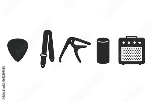 Guitar accessories icon set. Solid glyph vector icons of musical equipment. Includes guitar pick, plectrum, strap, capo, slide, bottleneck, and amplifier. Music gear.