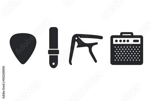 Guitar accessories icon set. Solid filled glyphs for music design. Vector illustration of player equipment: pick, strap, capo, amplifier. Isolated rock band symbols.
