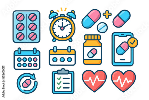 Healthcare icon set for medication management. Pills, drug reminder, schedule, alarm clock, online pharmacy app, heart rate monitor. Vector medical treatment concept.