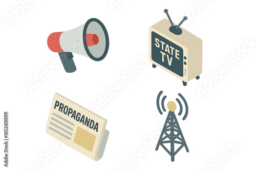 Propaganda icon set. Isometric concept of media control, disinformation, and fake news. Vector illustrations of megaphone, state TV, newspaper, and radio tower.