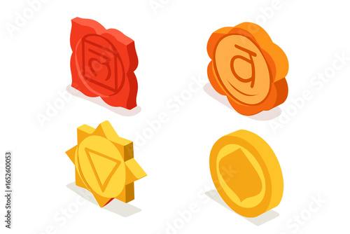 Chakra symbols isometric 3D icon set. Vector collection of Root, Sacral, Solar Plexus signs. For meditation, yoga, reiki, spiritual healing, and esoteric concepts.