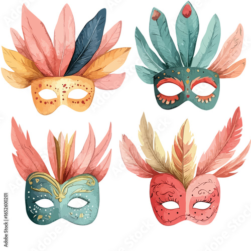 Four Ornate Venetian Masks with Feather Accents