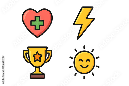 Colorful cartoon icons representing health, energy, achievement, and positivity. Vector set with heart, lightning, trophy, and sun symbols for game UI, web, and infographics.