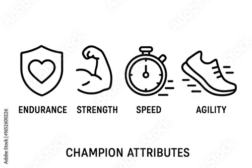 Set of 4 champion attribute icons. Line art symbols for endurance, strength, speed, and agility. Vector graphic concept for sports, fitness, and athletic performance.