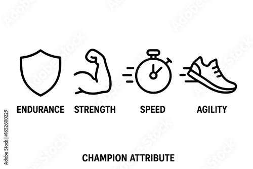 Champion attribute icons set. Endurance, strength, speed, agility. Vector line icons for sports, fitness, and gaming. Shield, muscle, stopwatch, and shoe symbols.