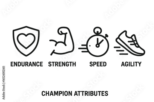 Champion attributes icon set. Endurance, strength, speed, agility. Line pictograms for sport performance, fitness, and gaming. Vector symbols for health and skills.