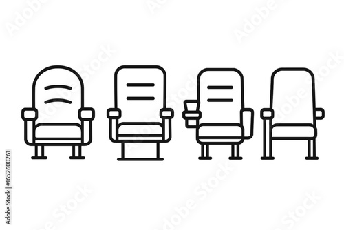 Cinema Seating Icons Outline Vector Set of 4 Old-School Velvet Theater Seats with Folding Backs, Cupholders, Armrests, and Aisle Seat Illustration on Transparent Background