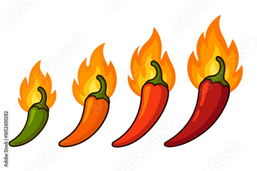 Spicy chili pepper heat level indicator. Cartoon icons with flames. Mild, medium, hot sauce rating system. Green to red peppers. Vector graphic for food menu label design.