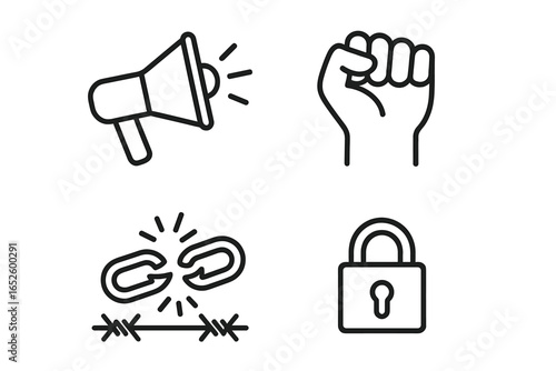 Protest and resistance icon set with megaphone, clenched fist, and broken chain. Vector symbols for freedom, revolution, activism, human rights, and liberation concept.