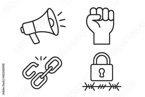 Protest and resistance outline icon set. Vector symbols of revolution, freedom, and activism. Includes megaphone, clenched fist, broken chain, and barbed wire padlock.