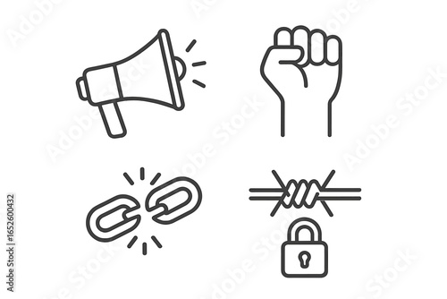 Protest and resistance thin line icon set. Vector symbols for freedom, revolution, and human rights. Includes clenched fist, megaphone, broken chain, and barbed wire.