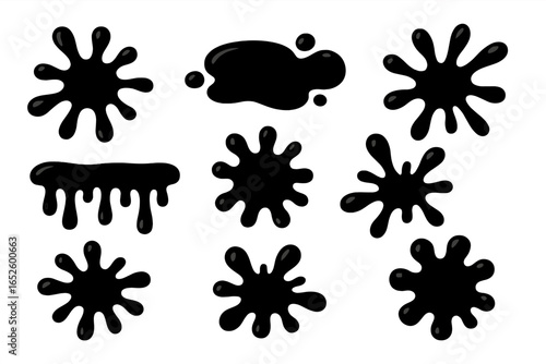 Black ink splashes and paint splats vector set. Collection of glossy liquid drops, drips, and blots. Cartoon illustration of abstract shapes for creative design projects.