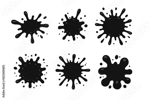Set of black paint splashes and ink blots. Messy liquid drip splatter collection. Grunge dirty stain shapes. Vector cartoon illustration graphic design elements on white.