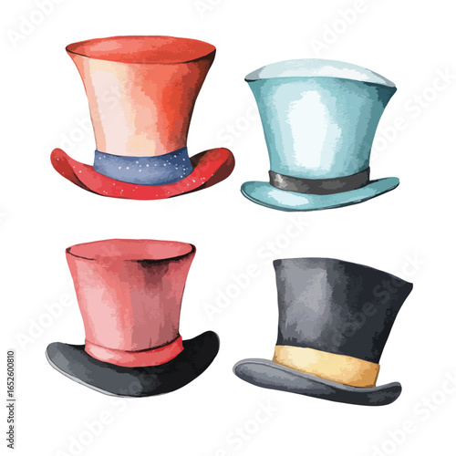 Four Vibrant Watercolor Top Hats in Various Colors