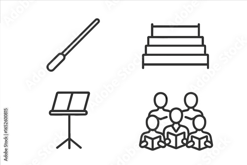 Choral icon set for music. Choir & ensemble outline icons. Conductor baton, choir riser, music stand, group of singers. Vector illustration for concert or vocal performance.
