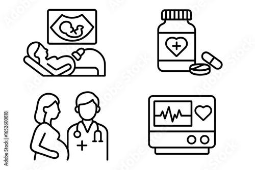 Prenatal care line icon set. Pregnancy medical check-up, ultrasound, fetal heartbeat monitor, doctor visit and vitamins. Maternity, obstetrics vector illustration collection.