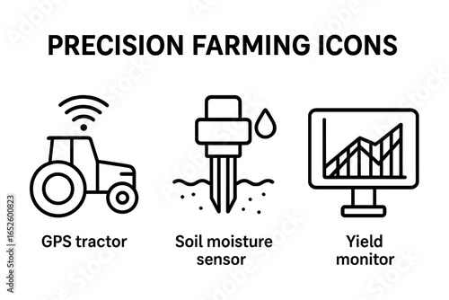 Precision farming icons. Outline icon set of precision agriculture technology. GPS tractor, soil moisture sensor, yield monitor. Smart farm vector illustration. Data analysis.