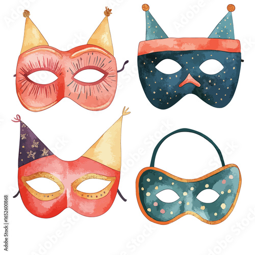 Four Watercolor Carnival Masks with Party Hats and Unique Designs