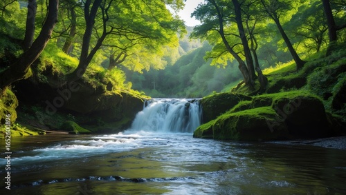 Serene waterfall nestled within a river landscape