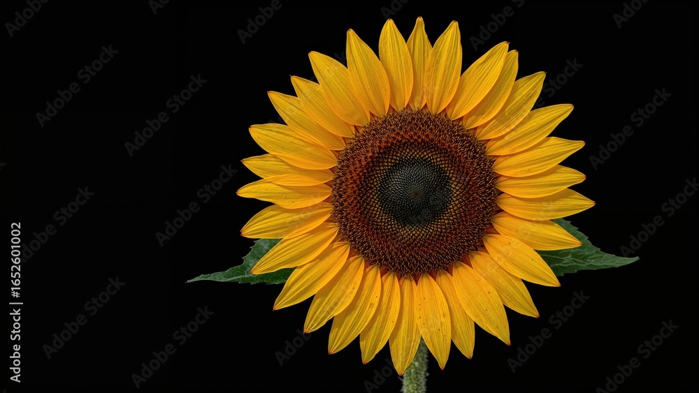Fototapeta premium Single bright sunflower on a black canvas