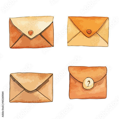 Four Watercolor Envelopes with Unique Closures and Textured Paper Details