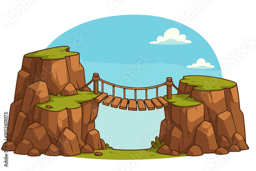 Wooden rope bridge connecting two rocky cliffs over a chasm. Cartoon vector landscape. Concept for connection, solution, bridging a gap, challenge, risk and adventure.