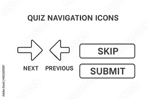 Quiz navigation icons set. Outline vector graphic of user interface elements for web or app design. Includes next, previous arrow, skip, and submit buttons.
