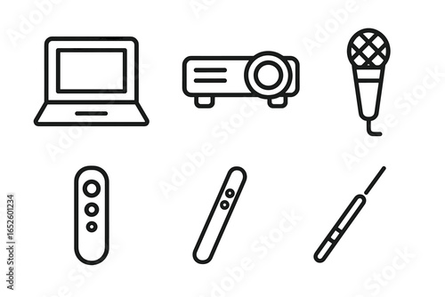 Presentation equipment line icon set. Business conference, seminar, and lecture tools. Vector symbols for laptop, projector, microphone, remote clicker, and laser pointer.