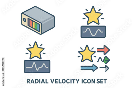 Radial velocity method icon set for exoplanet detection. Isometric icons of spectrograph, star spectrum, and Doppler shift. Astrophysics, space science vector illustration.