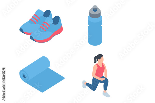 Isometric fitness icon set for wellness and sport. Vector illustration of running shoes, water bottle, yoga mat, and exercising woman for gym, workout, and training.