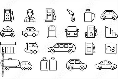 Collection of icons for fuel stations, vehicles, and gas pumps in black and white
