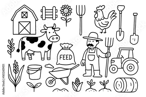 Farm and agriculture doodle set. Hand-drawn cartoon vector collection with farmer, cow, tractor, barn, and tools. Simple line art icons for rural life and organic farming.