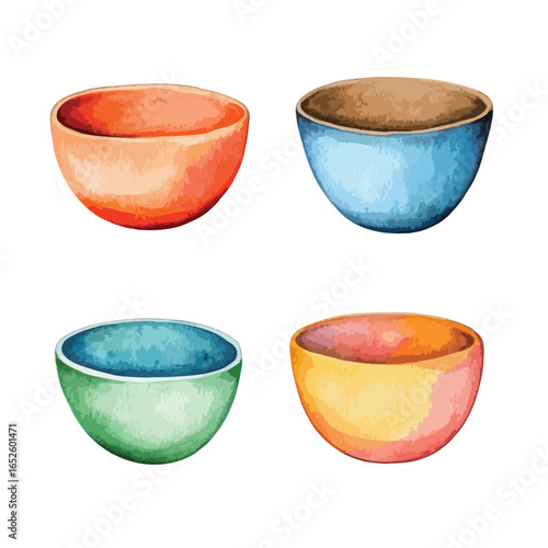 Four WatercolorStyle Bowls in Orange Blue Green and Yellow Hues