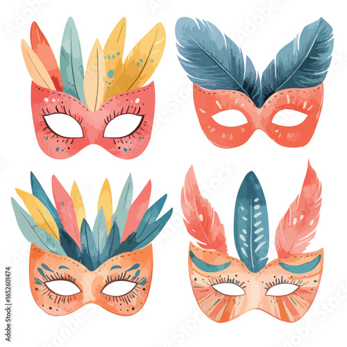 Four whimsical watercolor masks with colorful feather embellishments festive and decorative