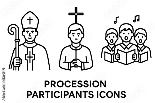 Church service participants vector icon collection. Minimalist line art of a priest or bishop, acolyte with processional cross, and gospel choir. Religious ceremony symbols.