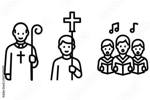 Religious procession participant icon set. Christian ceremony people. Bishop with crosier, altar server with processional cross, and church choir singing. Outline vector icons.