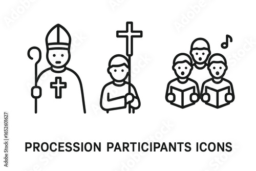 Christian religious procession participant line icon set. Vector symbols for worship and faith. Includes bishop with crosier, acolyte with cross, and church choir singers.