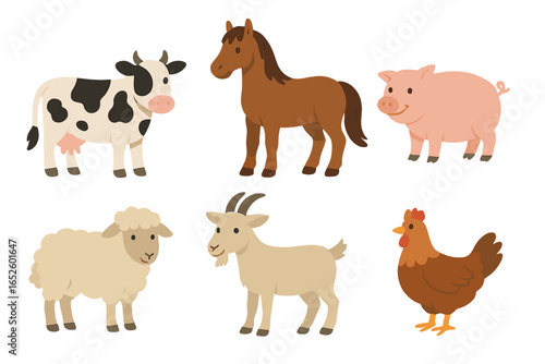 Farm animals collection vector illustration on transparent background with cow, horse, pig, sheep, goat, and chicken in cute cartoon style for agriculture and rural themes