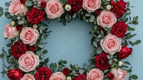 Square floral design composed of pink rose and carnation blooms with eucalyptus leaves on a blue surface.