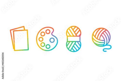 Rainbow craft supplies icons vector set. Colorful outline art symbols including paper sheets, artist paint palette, yarn skein, and ball. For creative hobbies, DIY, handmade.