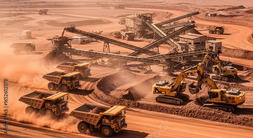 Aerial View of Open Pit Mining Site with Heavy Equipment Extracting Iron Ore